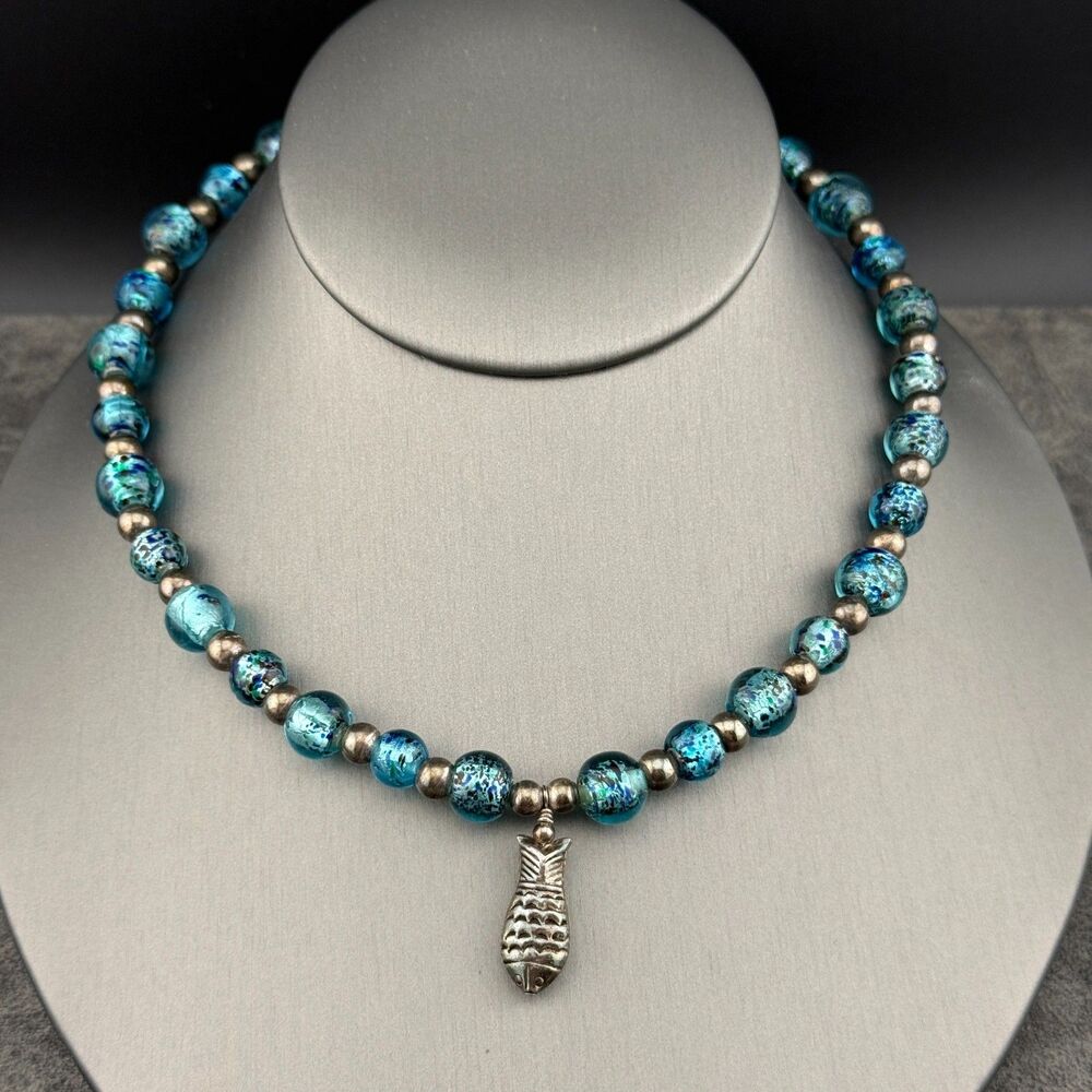 Blue Foiled Art Glass & Sterling Silver Beads Necklace Fish Pendant 16" Handmade